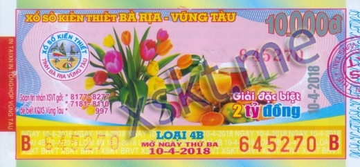 Mẫu vé sô xổ số Vũng Tàu ngày 10/4/2018