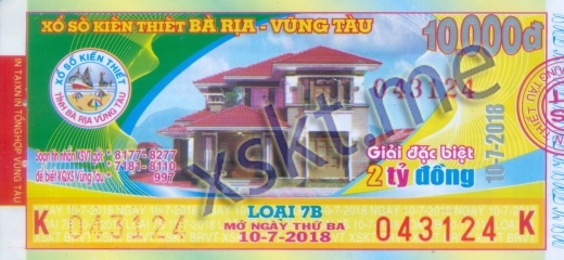 Mẫu vé sô xổ số Vũng Tàu ngày 10/7/2018