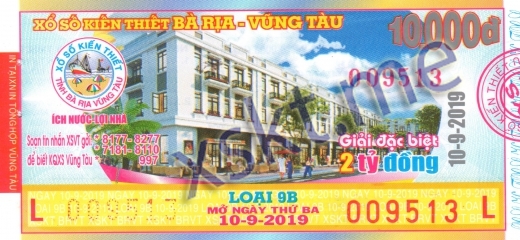 Mẫu vé sô xổ số Vũng Tàu ngày 10/9/2019