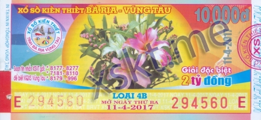 Mẫu vé sô xổ số Vũng Tàu ngày 11/4/2017