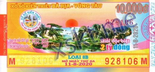 Mẫu vé sô xổ số Vũng Tàu ngày 11/8/2020