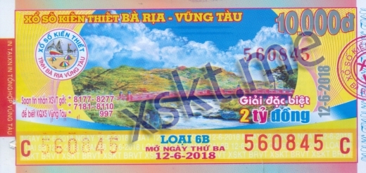Mẫu vé sô xổ số Vũng Tàu ngày 12/6/2018