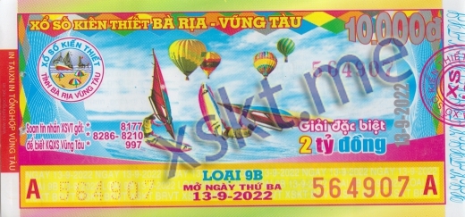 Mẫu vé sô xổ số Vũng Tàu ngày 13/9/2022