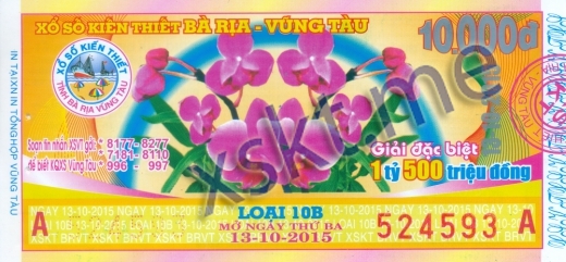 Mẫu vé sô xổ số Vũng Tàu ngày 13/10/2015