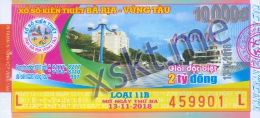 Mẫu vé sô xổ số Vũng Tàu ngày 13/11/2018