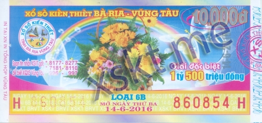 Mẫu vé sô xổ số Vũng Tàu ngày 14/6/2016