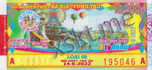 Mẫu vé sô xổ số Vũng Tàu ngày 14/6/2022