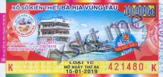 Mẫu vé sô xổ số Vũng Tàu ngày 15/1/2019