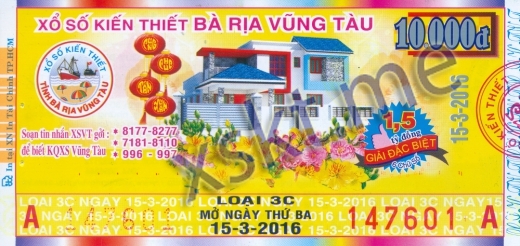 Mẫu vé sô xổ số Vũng Tàu ngày 15/3/2016