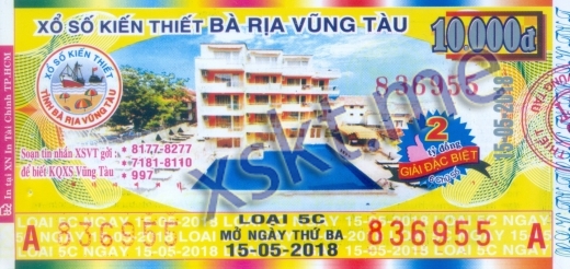 Mẫu vé sô xổ số Vũng Tàu ngày 15/5/2018