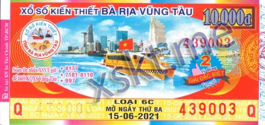 Mẫu vé sô xổ số Vũng Tàu ngày 15/6/2021