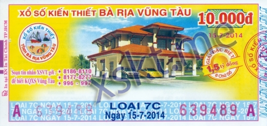 Mẫu vé sô xổ số Vũng Tàu ngày 15/7/2014