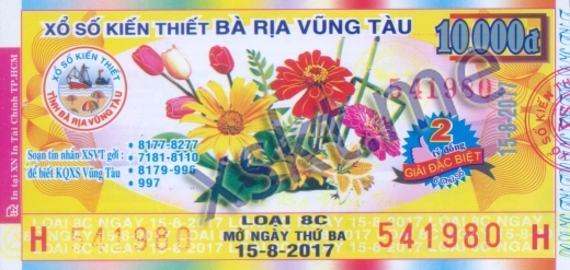 Mẫu vé sô xổ số Vũng Tàu ngày 15/8/2017
