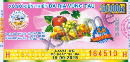 Mẫu vé sô xổ số Vũng Tàu ngày 15/9/2015
