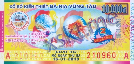 Mẫu vé sô xổ số Vũng Tàu ngày 16/1/2018