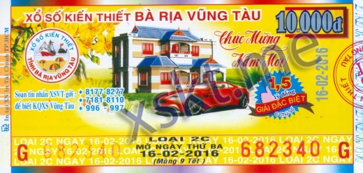 Mẫu vé sô xổ số Vũng Tàu ngày 16/2/2016