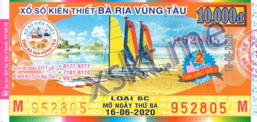 Mẫu vé sô xổ số Vũng Tàu ngày 16/6/2020