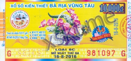 Mẫu vé sô xổ số Vũng Tàu ngày 16/8/2016