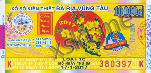 Mẫu vé sô xổ số Vũng Tàu ngày 17/1/2017