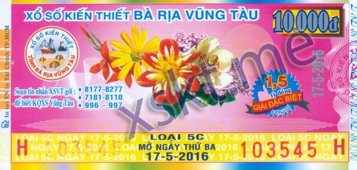 Mẫu vé sô xổ số Vũng Tàu ngày 17/5/2016