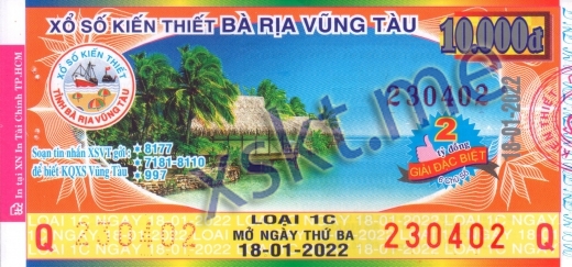 Mẫu vé sô xổ số Vũng Tàu ngày 18/1/2022
