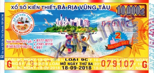 Mẫu vé sô xổ số Vũng Tàu ngày 18/9/2018