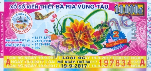 Mẫu vé sô xổ số Vũng Tàu ngày 19/9/2017