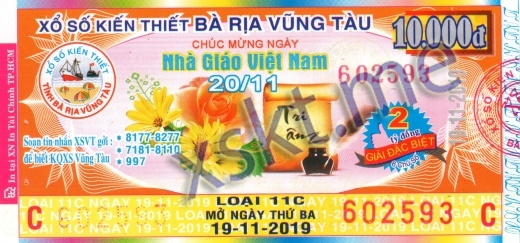Mẫu vé sô xổ số Vũng Tàu ngày 19/11/2019