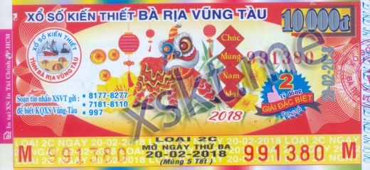 Mẫu vé sô xổ số Vũng Tàu ngày 20/2/2018