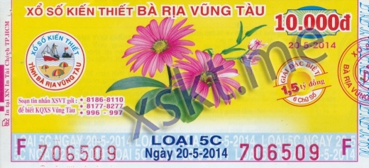 Mẫu vé sô xổ số Vũng Tàu ngày 20/5/2014