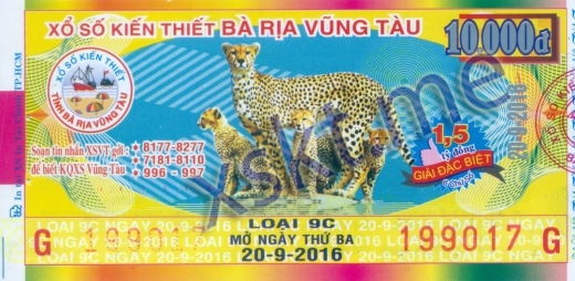 Mẫu vé sô xổ số Vũng Tàu ngày 20/9/2016