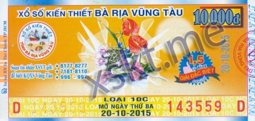 Mẫu vé sô xổ số Vũng Tàu ngày 20/10/2015