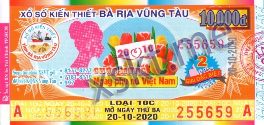 Mẫu vé sô xổ số Vũng Tàu ngày 20/10/2020
