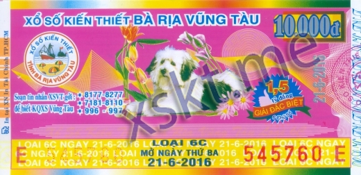Mẫu vé sô xổ số Vũng Tàu ngày 21/6/2016