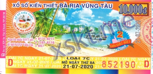 Mẫu vé sô xổ số Vũng Tàu ngày 21/7/2020