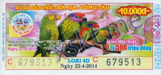 Mẫu vé sô xổ số Vũng Tàu ngày 22/4/2014