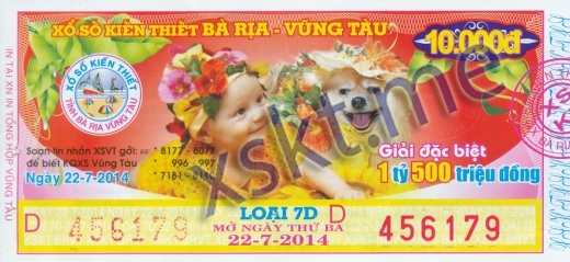 Mẫu vé sô xổ số Vũng Tàu ngày 22/7/2014