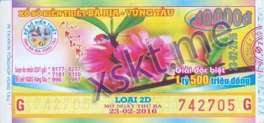 Mẫu vé sô xổ số Vũng Tàu ngày 23/2/2016
