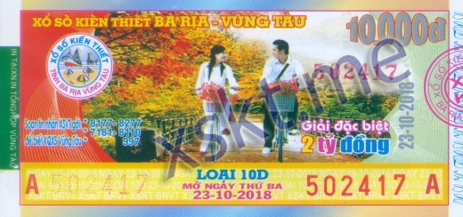 Mẫu vé sô xổ số Vũng Tàu ngày 23/10/2018