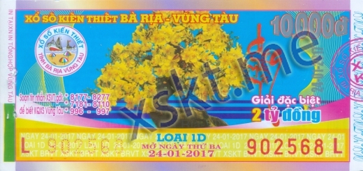 Mẫu vé sô xổ số Vũng Tàu ngày 24/1/2017