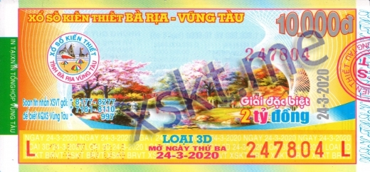 Mẫu vé sô xổ số Vũng Tàu ngày 24/3/2020