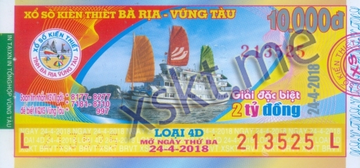 Mẫu vé sô xổ số Vũng Tàu ngày 24/4/2018