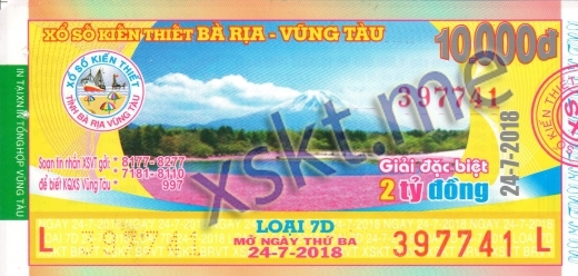 Mẫu vé sô xổ số Vũng Tàu ngày 24/7/2018
