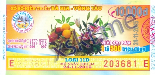 Mẫu vé sô xổ số Vũng Tàu ngày 24/11/2015
