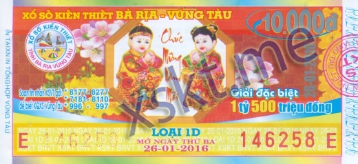 Mẫu vé sô xổ số Vũng Tàu ngày 26/1/2016