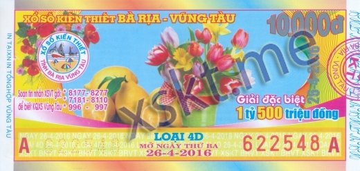 Mẫu vé sô xổ số Vũng Tàu ngày 26/4/2016