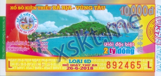 Mẫu vé sô xổ số Vũng Tàu ngày 26/6/2018