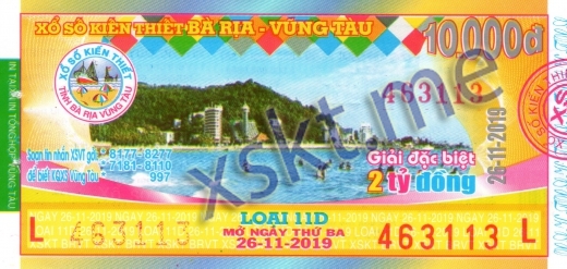 Mẫu vé sô xổ số Vũng Tàu ngày 26/11/2019