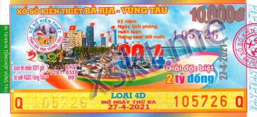 Mẫu vé sô xổ số Vũng Tàu ngày 27/4/2021