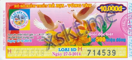 Mẫu vé sô xổ số Vũng Tàu ngày 27/5/2014